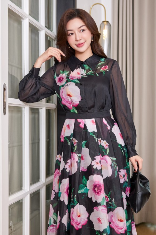 Sixdo Black Organza Flared Dress